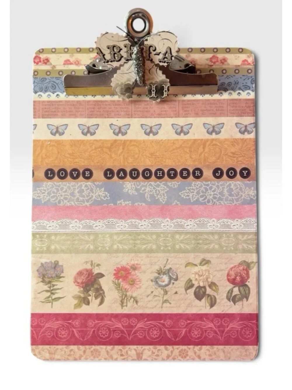 Handcrafted CLIPBOARD Upcycled Decopage Butterfly LOVE LAUGHER JOY 12 x 9